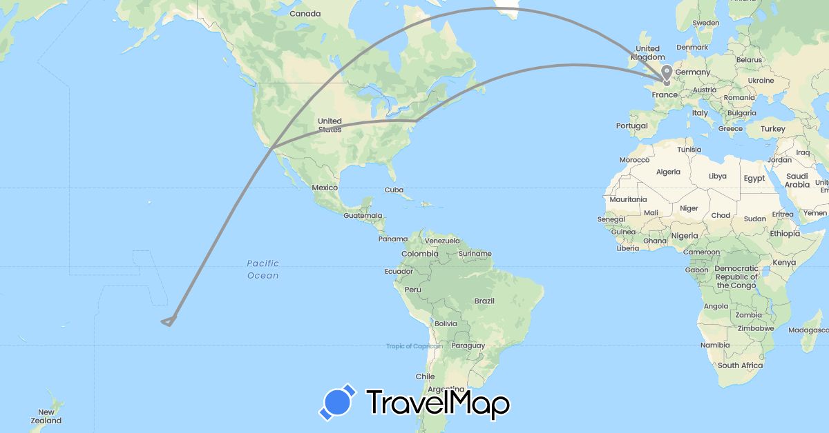 TravelMap itinerary: driving, plane, boat in France, French Polynesia, United States (Europe, North America, Oceania)